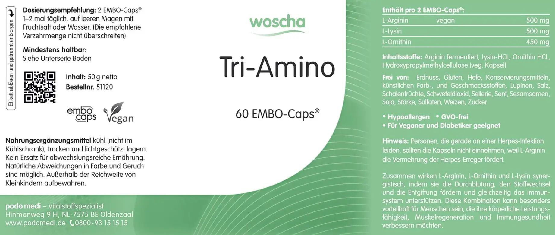 Woscha Tri-Amino von podo medi beinhaltet 60 Kapseln Etikett