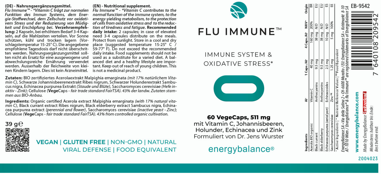 EnergyBalance Flu-Immune mit Holunder und Echinacea, 60 VegeCaps Fieber EAN: 7640108209542