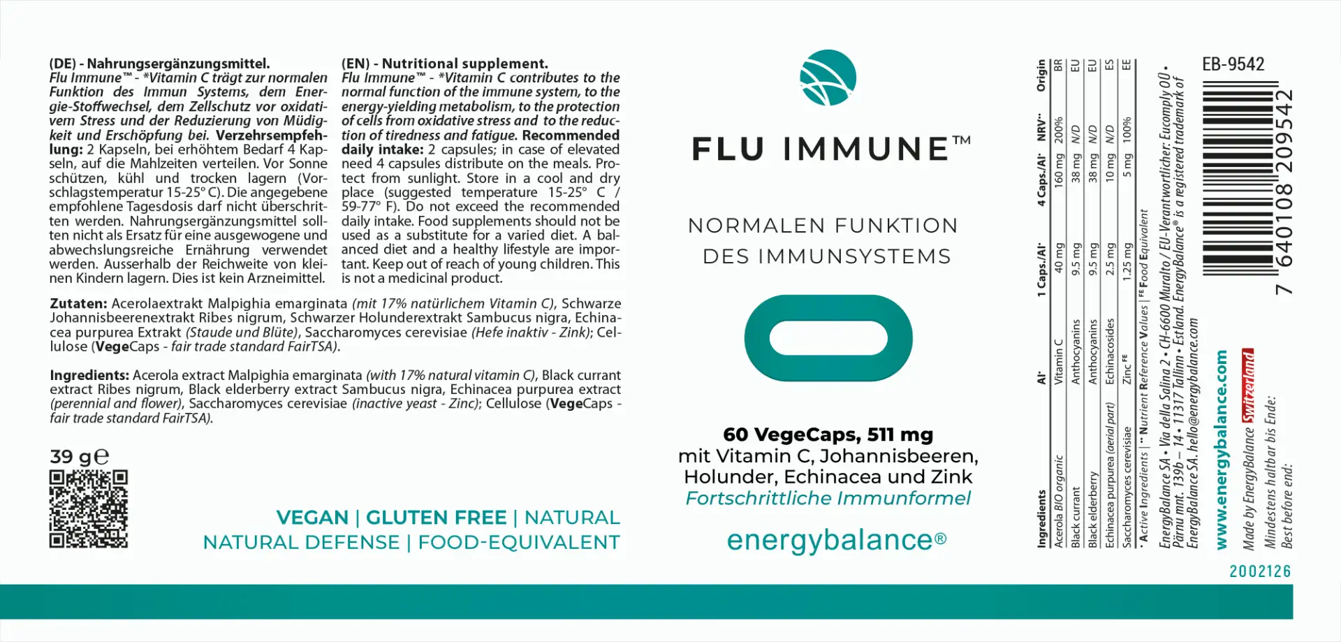 EnergyBalance Flu-Immune mit Holunder und Echinacea, 60 VegeCaps Fieber EAN: 7640108209542