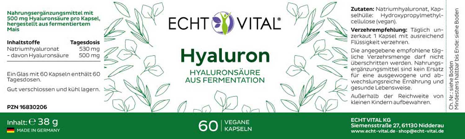 Etikett Hyaluron aus Fermentation von Echt Vital beinhaltet 60 vegane Kapseln
