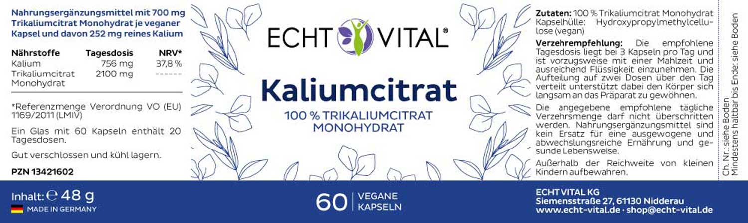 Etikett Kaliumcitrat von Echt Vital beinhaltet 60 vegane Kapseln