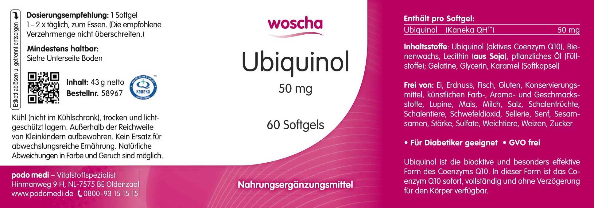 Woscha Ubiquinol 50 Milligramm von podo medi beinhaltet 60 Softgels Etikett