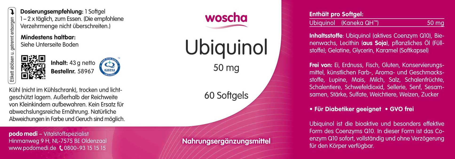 Woscha Ubiquinol 50 mg podo medi 60 Softgels Etikett Woscha Ubiquinol 50 Milligramm von podo medi beinhaltet 60 Softgels Etikett