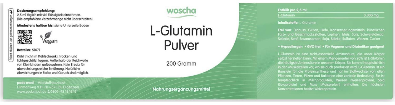 Woscha L-Glutamin podo medi 200 g Pulver Etikett Woscha L-Glutamin von podo medi beinhaltet 200 Gramm Pulver Etikett