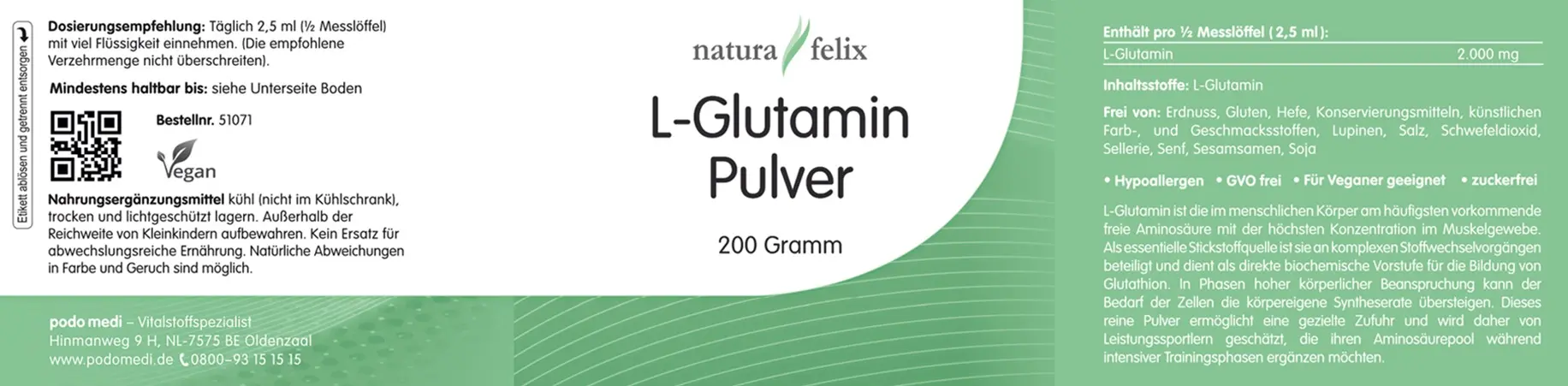 Woscha L-Glutamin von podo medi beinhaltet 200 Gramm Pulver Etikett