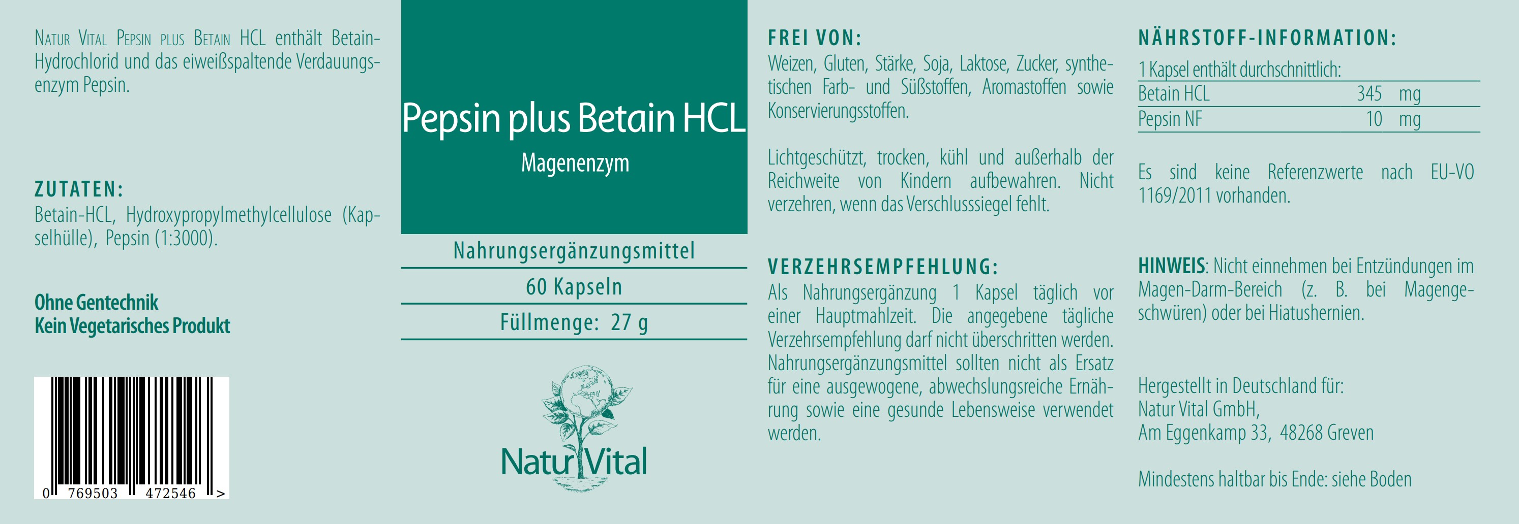 Natur Vital Pepsin plus Betain HCL, 60 Kapseln  EAN: 4262512990576