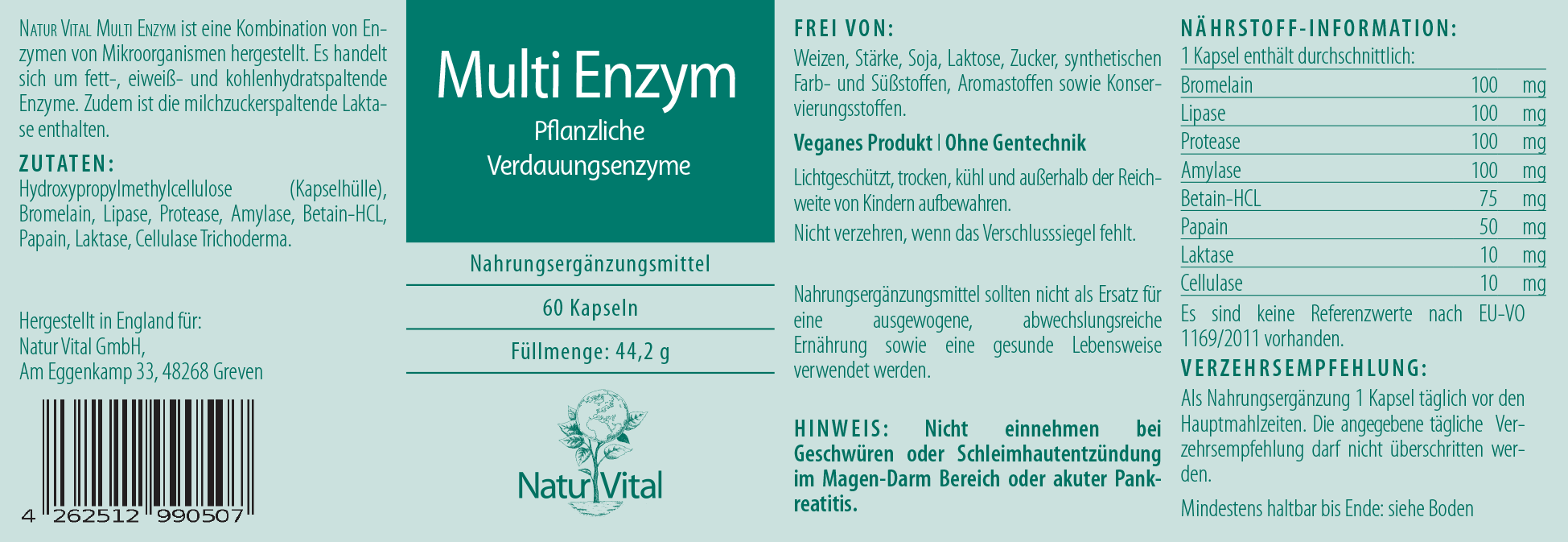 Multienzym pflanzlich von Natur Vital beinhaltet 60 Kapseln Etikett