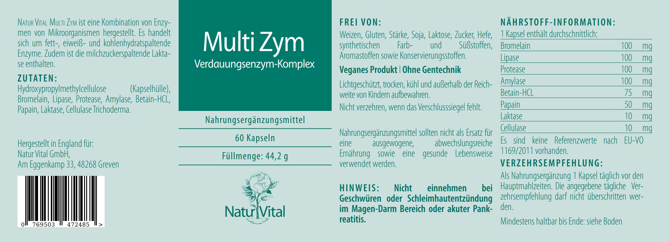 MultiZYm pflanzlich von Natur Vital beinhaltet 60 Kapseln Etikett