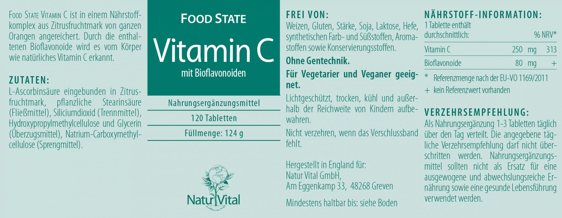 Vitamin C mit Bioflavonoiden von Natur Vital beinhaltet 120 Kapseln Etikett