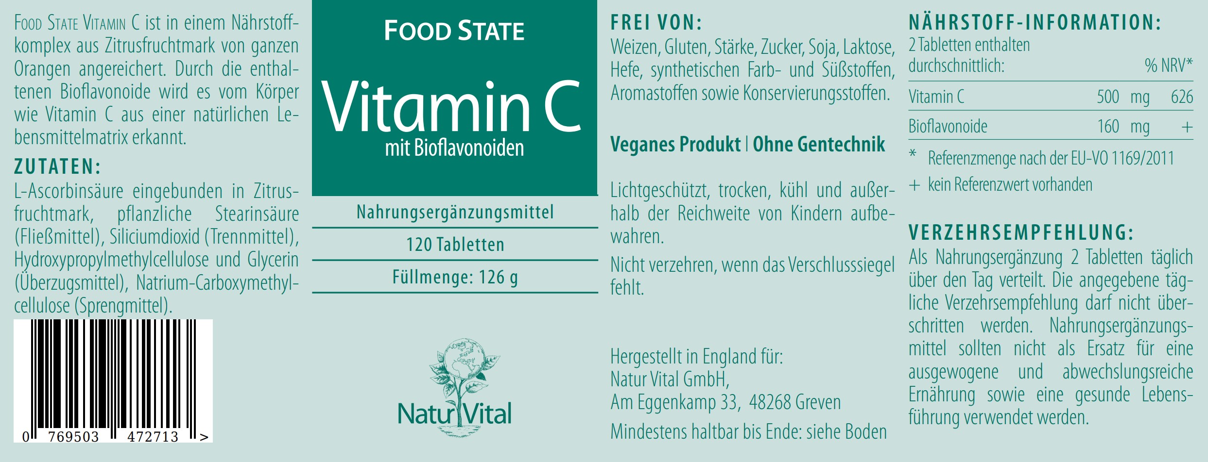 Vitamin C mit Bioflavonoiden von Natur Vital beinhaltet 120 Kapseln Etikett