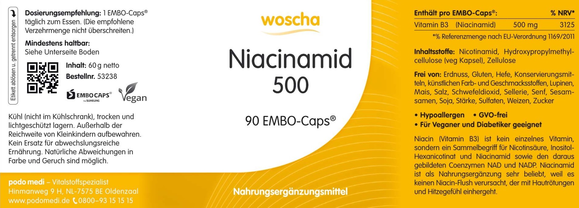 Woscha Niacinamid 500 von podo medi beinhaltet 90 Kapseln Etikett
