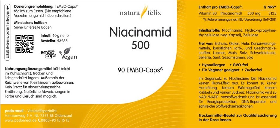 natura-felix Niacinamid 500 von podo medi beinhaltet 90 Kapseln Etikett