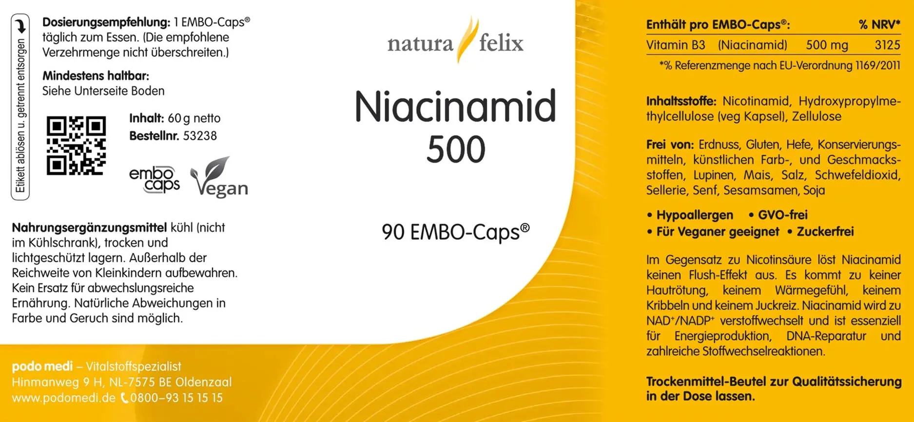 natura-felix Niacinamid 500 von podo medi beinhaltet 90 Kapseln Etikett