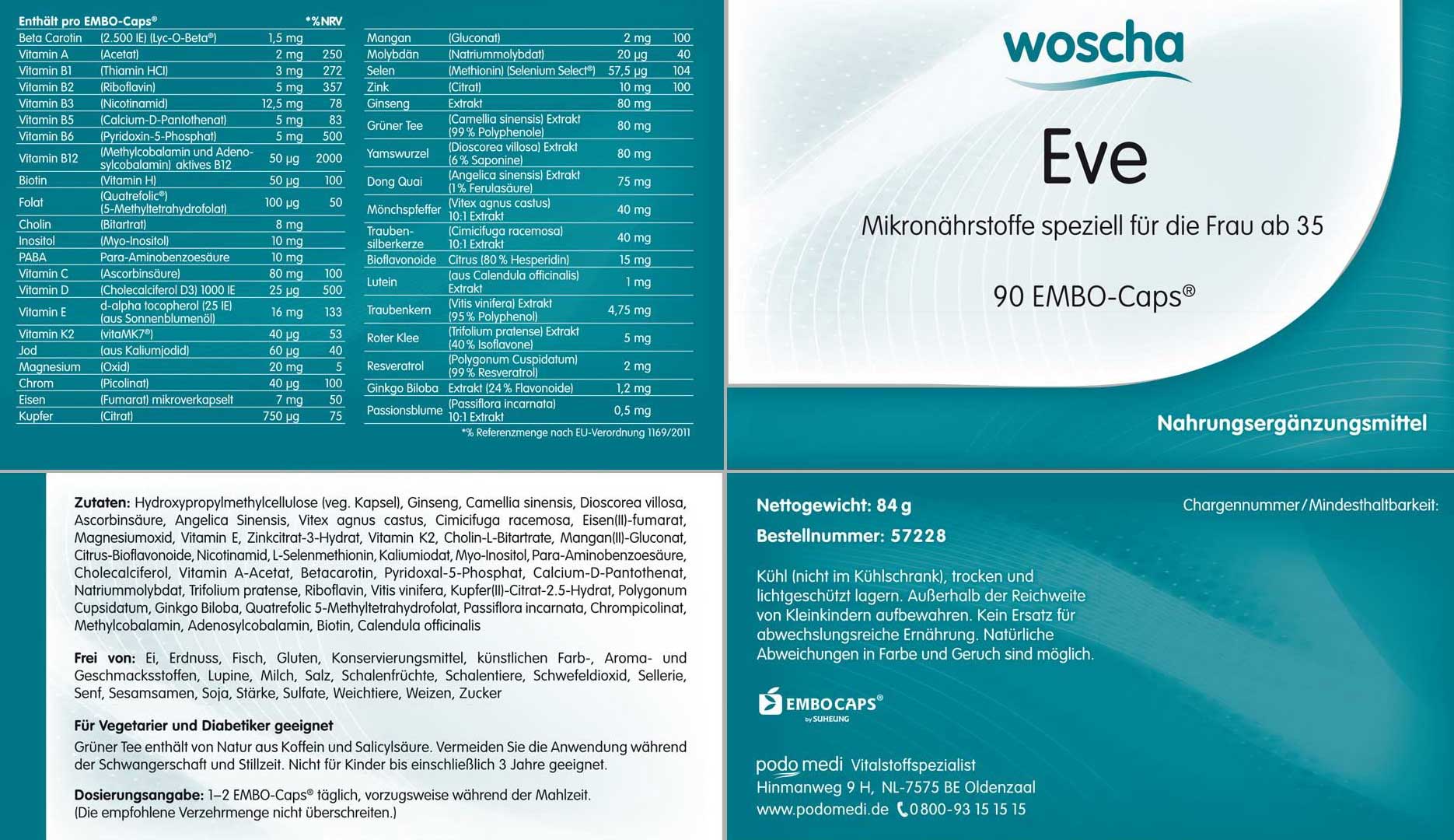 Woscha Eve speziell für Frauen podo medi 90 Kapseln Etikett Woscha Eve speziell für Frauen von podo medi beihaltet 90 Kapseln Etikett