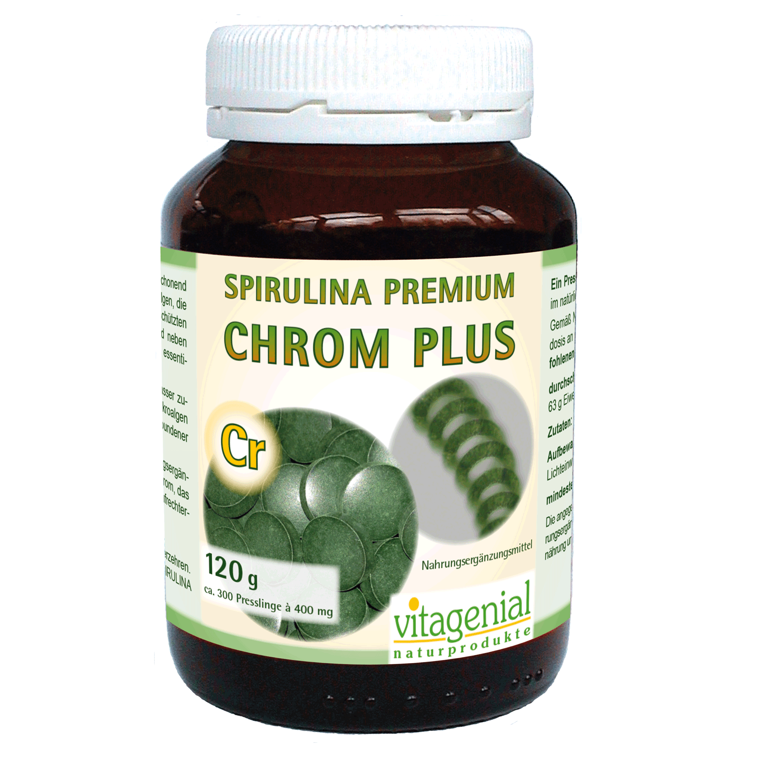 Vitagenial Spirulina Premium Chrom Plus in 120 Gramm Version beinhaltet 300 Presslinge