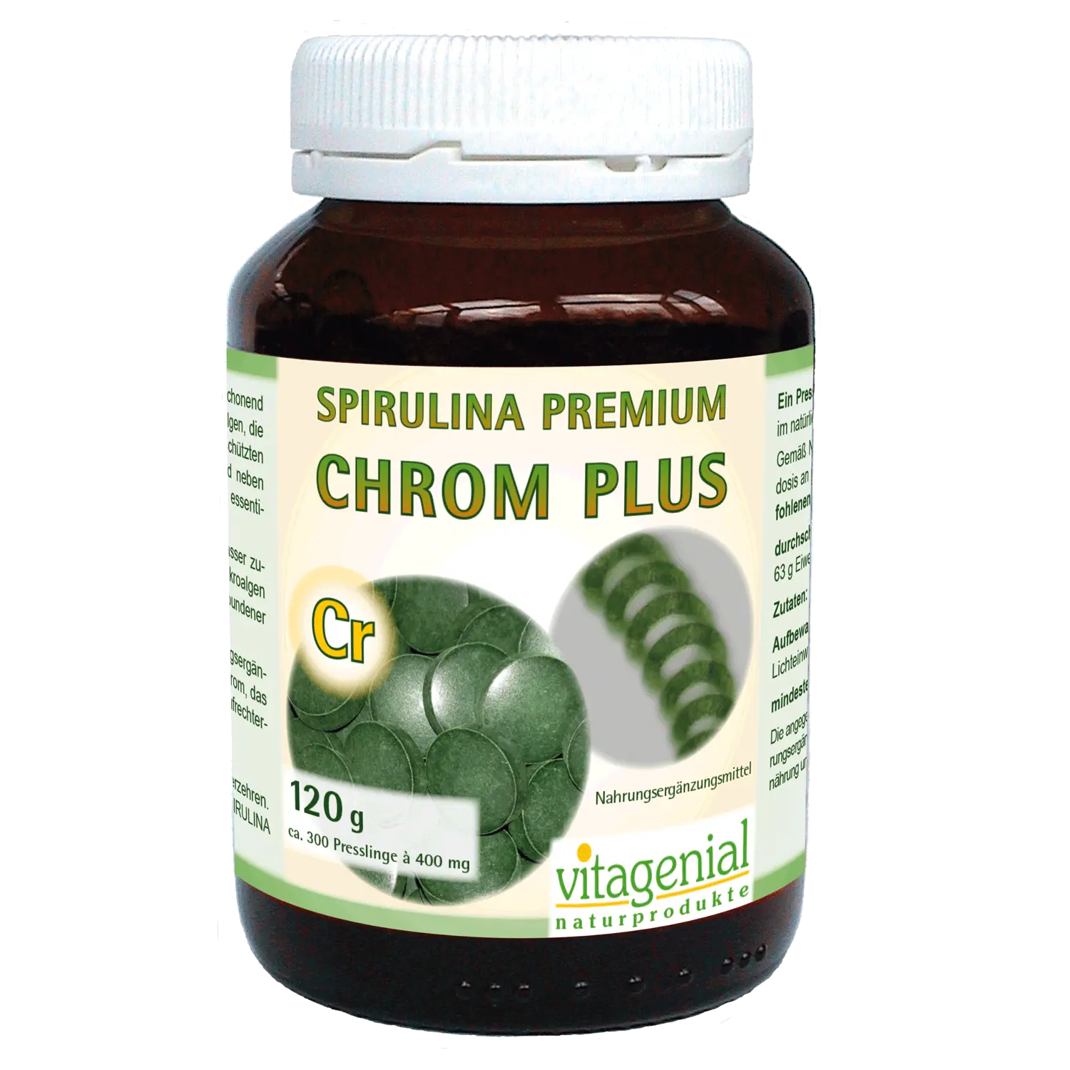 Vitagenial Spirulina Premium Chrom Plus in 120 Gramm Version beinhaltet 300 Presslinge