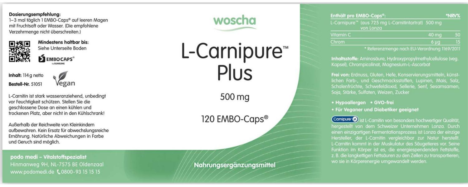 Woscha L-Carnipure Plus 500 Milligramm podo medi 120 EMBO-Caps Etikett Woscha L-Carnipure Plus 500 mg von podo medi beinhaltet 120 EMBO-Caps Etikett