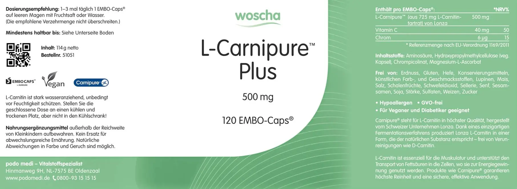 Woscha L-Carnipure Plus 500 mg von podo medi beinhaltet 120 EMBO-Caps Etikett