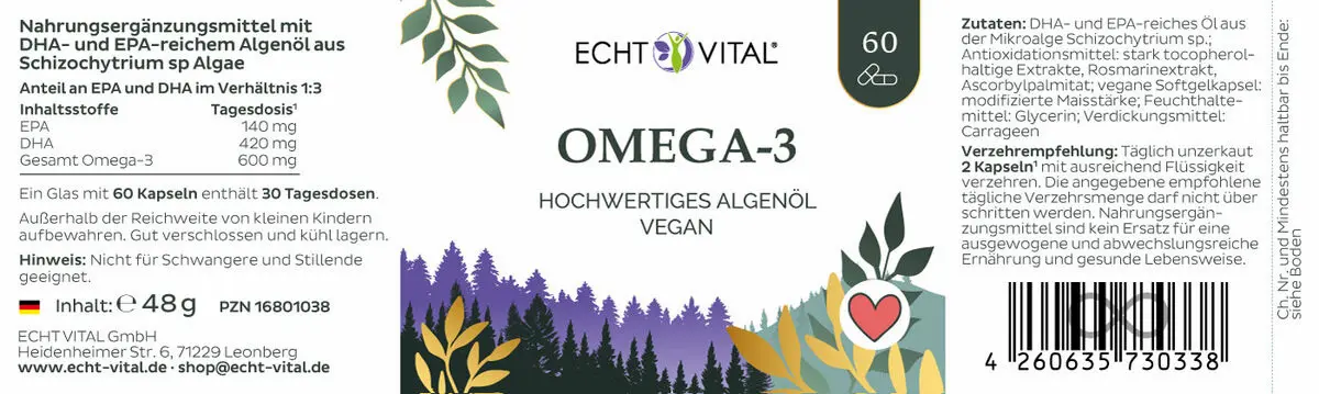 Echt Vital Omega-3 Algenöl, 60 Kapseln  EAN: 4260635730338