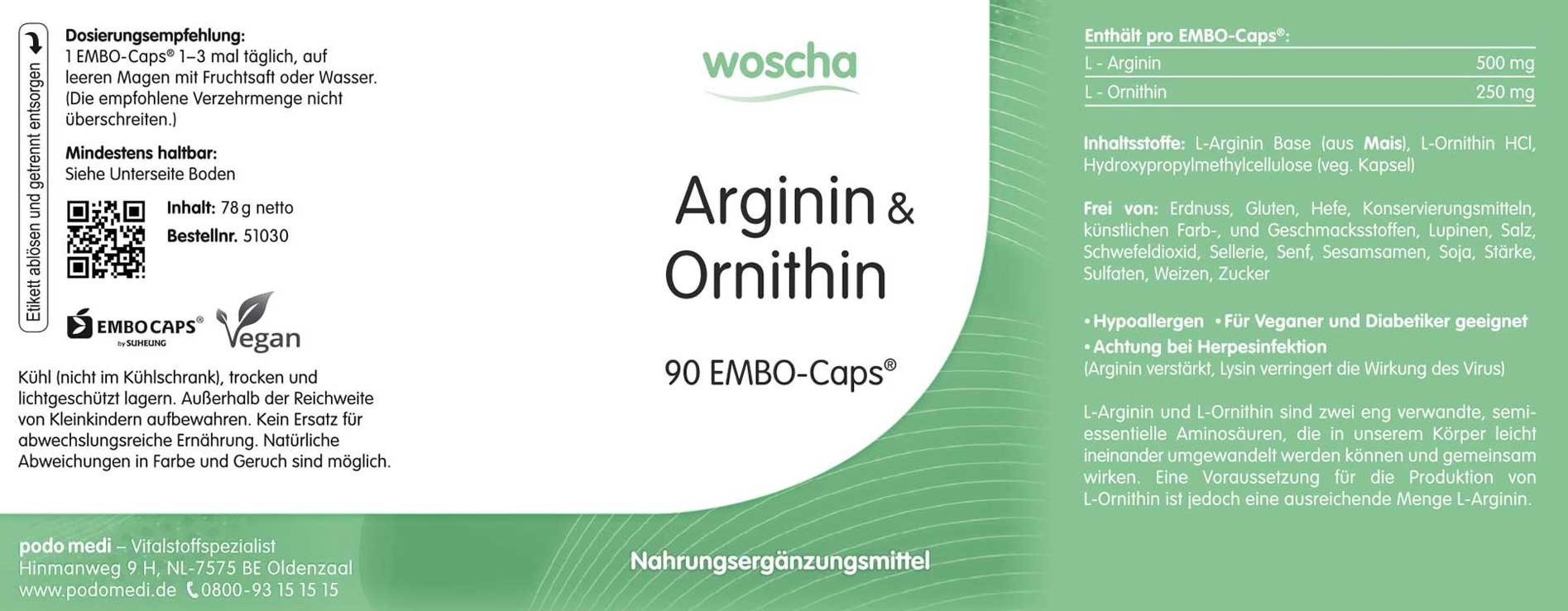 Woscha Arginin & Ornithin von podo medi beinhaltet 90 EMBO-Caps Etikett