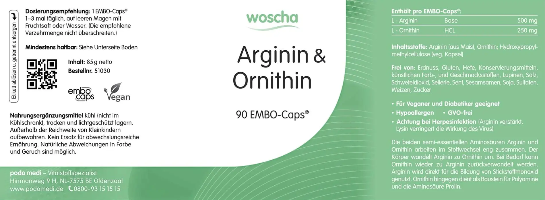 Woscha Arginin & Ornithin von podo medi beinhaltet 90 EMBO-Caps Etikett