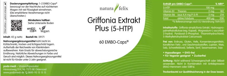 natura-felix Griffonia Extrakt Plus von podo medi beinhaltet 60 EMBO-CAPS Etikett