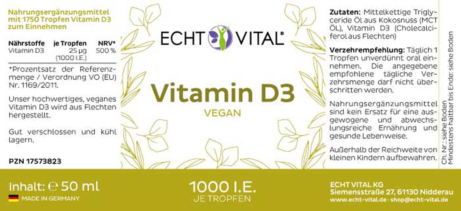 Etikett Vitamin D3 Tropfen vegan von Echt Vital beinhaltet 50 Milliliter