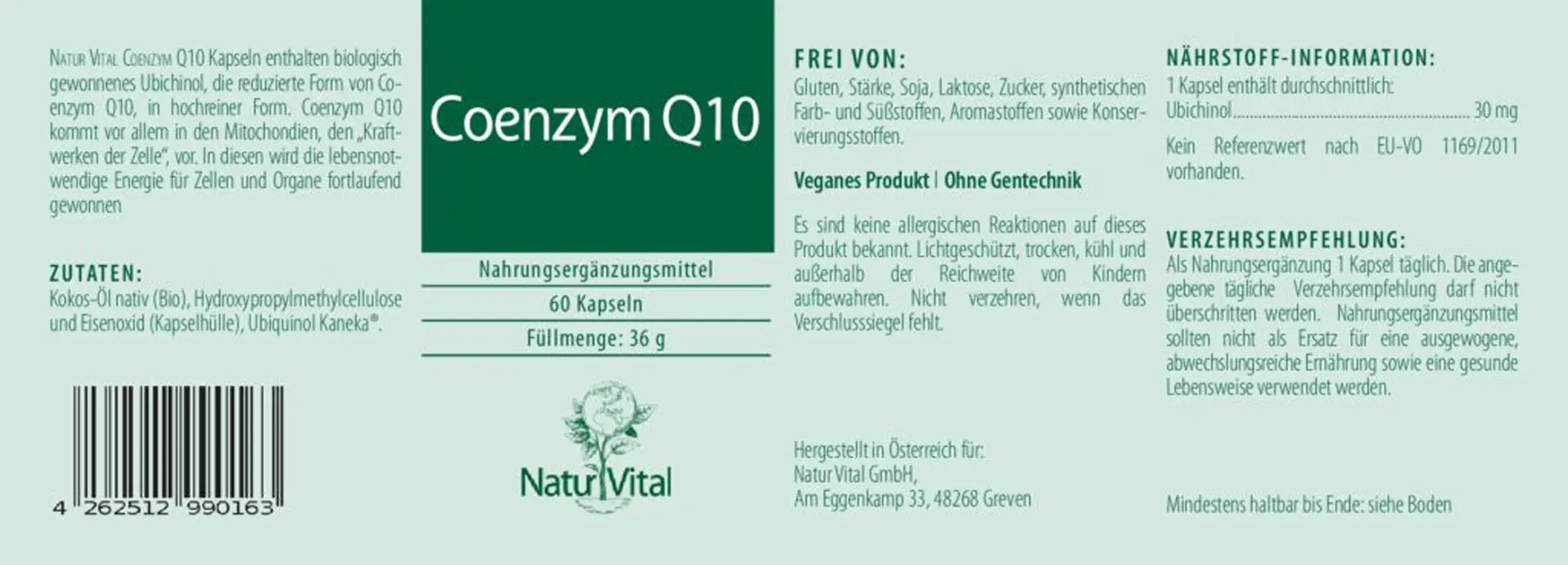 Natur Vital Coenzym Q10 30 mg , 60 Kapseln q10 EAN: 4262512990163
