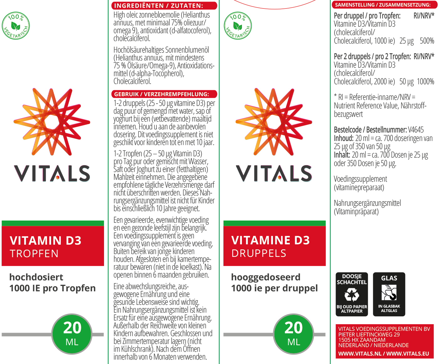 Vitals Vitamin D3 1000 IE, 700 Tropfen Vitamin D3 flüssig Tropfen EAN: 8716717004645