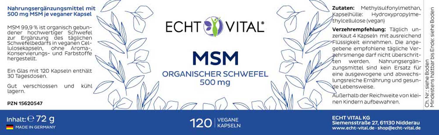Etikett MSM organischer Schwefel von Echt Vital 500 Milligramm beinhaltet 120 vegane Kapseln
