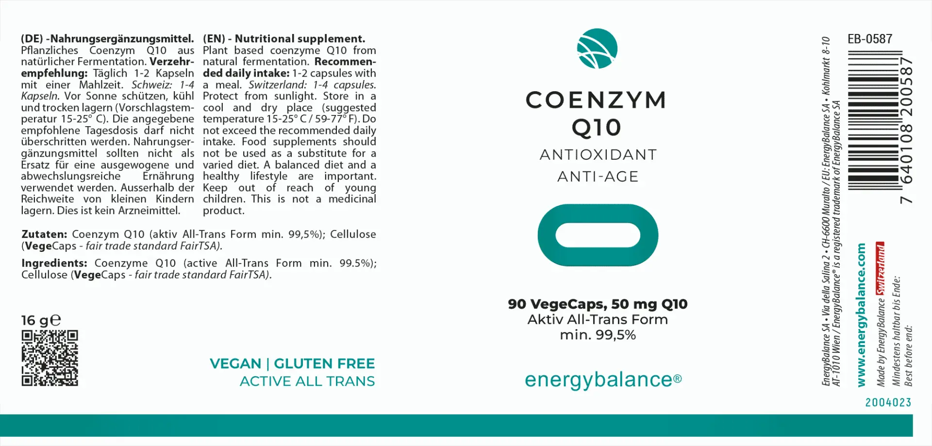 EnergyBalance Q10 Co-enzym antioxidant 50 mg, 90 VegeCaps  EAN: 7640108200587