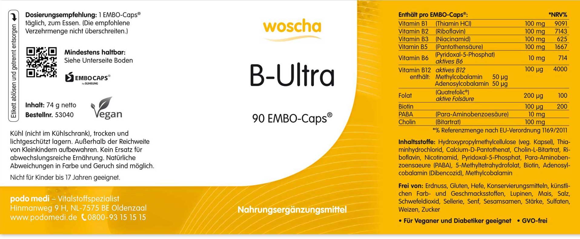 Woscha B-Ultra von podo medi beinhaltet 90 Kapseln Etikett