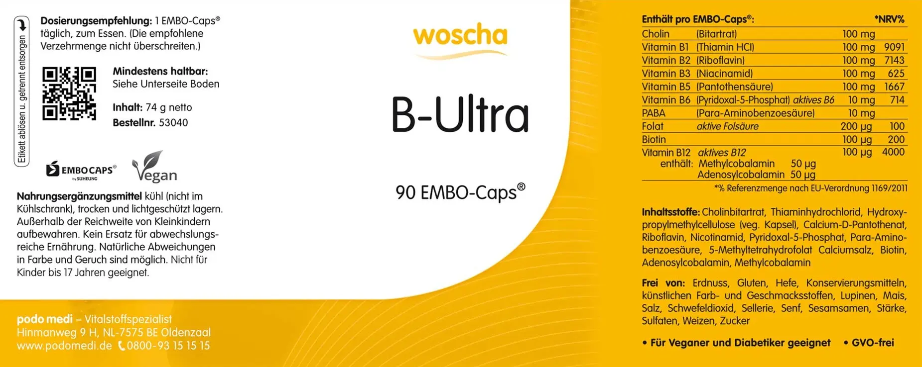 Woscha B-Ultra von podo medi beinhaltet 90 Kapseln Etikett