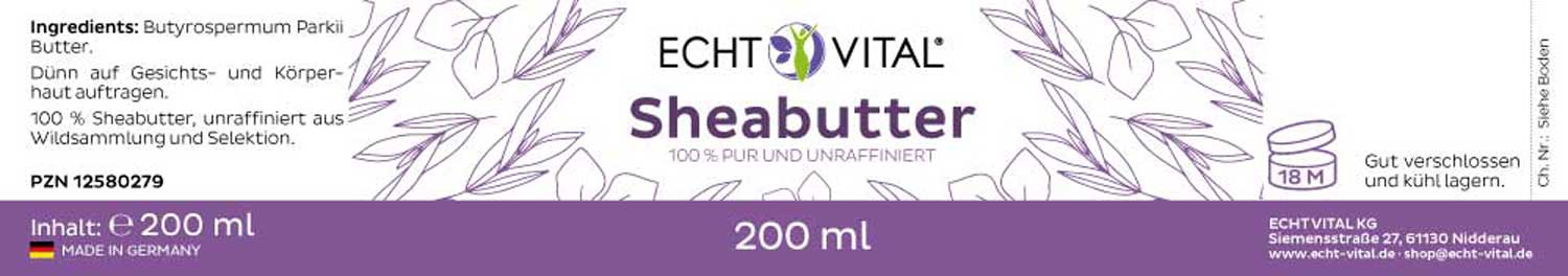 Etikett Sheabutter Echt Vital 200 ml Etikett Sheabutter von Echt Vital in 200 Milliliter Packung