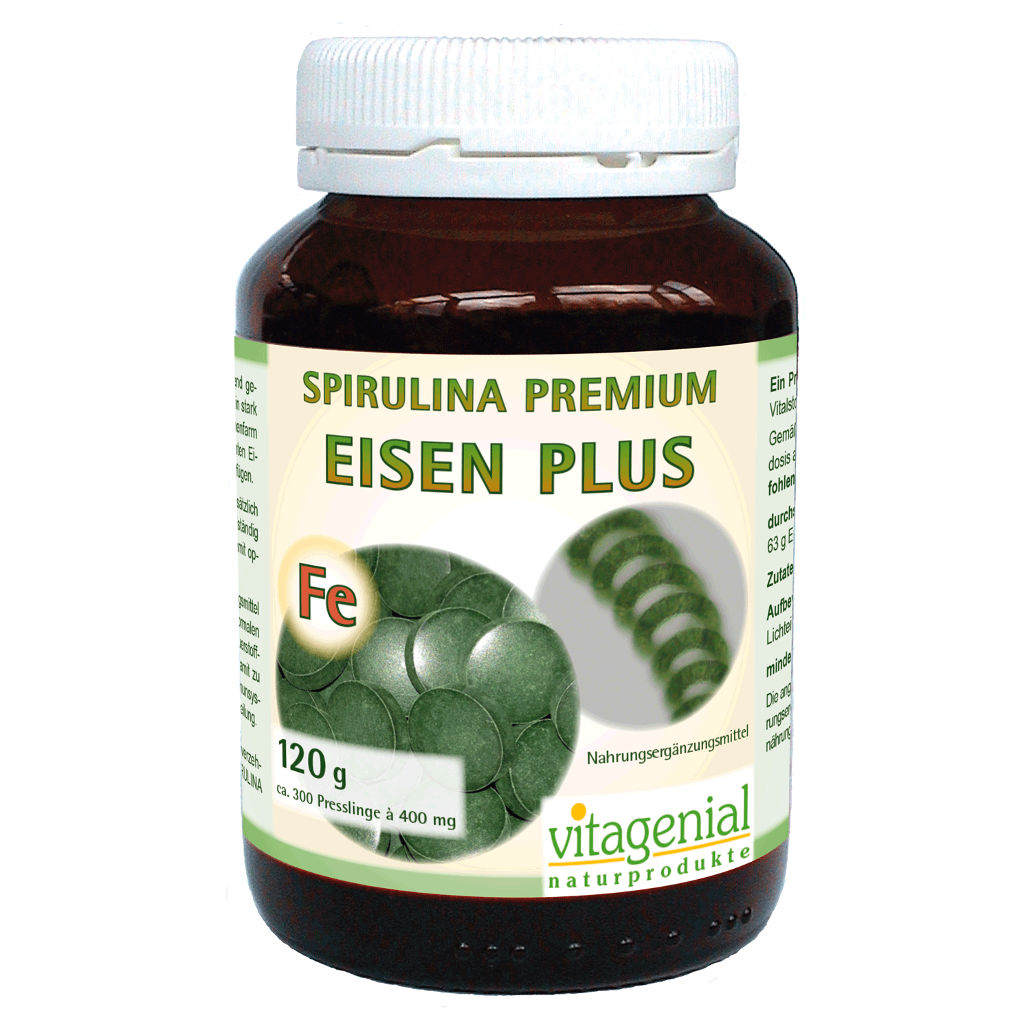 Vitagenial Spirulina Premium Eisen Plus in 120 Gramm Version beinhaltet 300 Presslinge