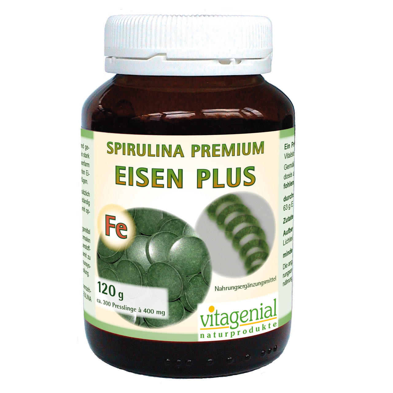 Vitagenial Spirulina Premium Eisen Plus in 120 Gramm Version beinhaltet 300 Presslinge