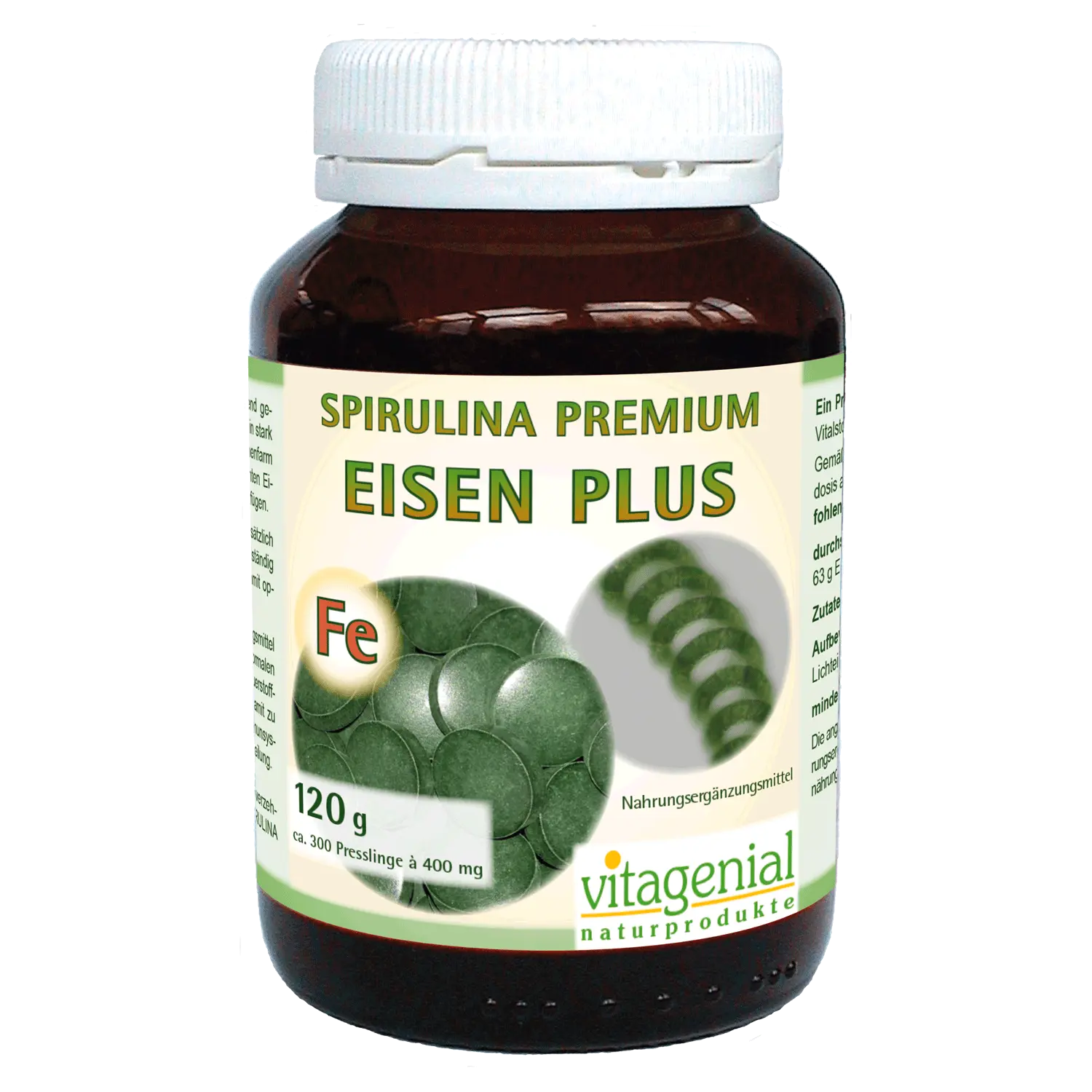 Vitagenial Spirulina Premium Eisen Plus in 120 Gramm Version beinhaltet 300 Presslinge