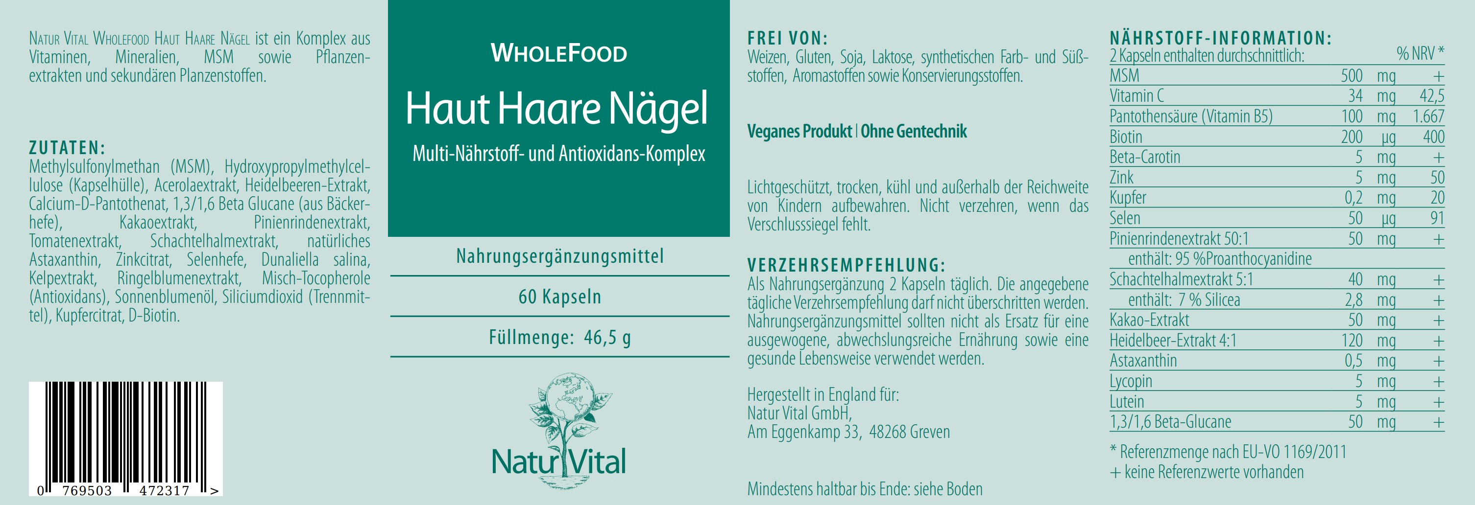 Natur Vital Haut Haare Nägel, 60 Kapseln haut EAN: 4262512990309