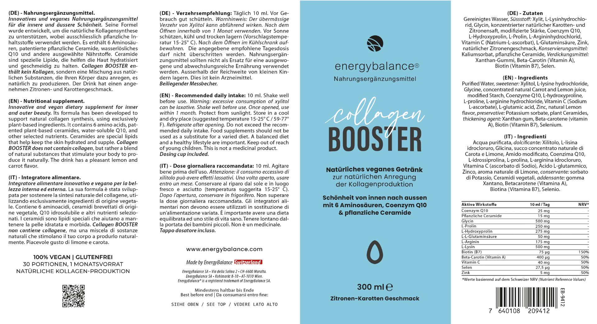 EnergyBalance VEGAN Collagen BOOSTER with 6 amino acids, CoQ10 and ceramides, 300ml Falten EAN: 7640108209412