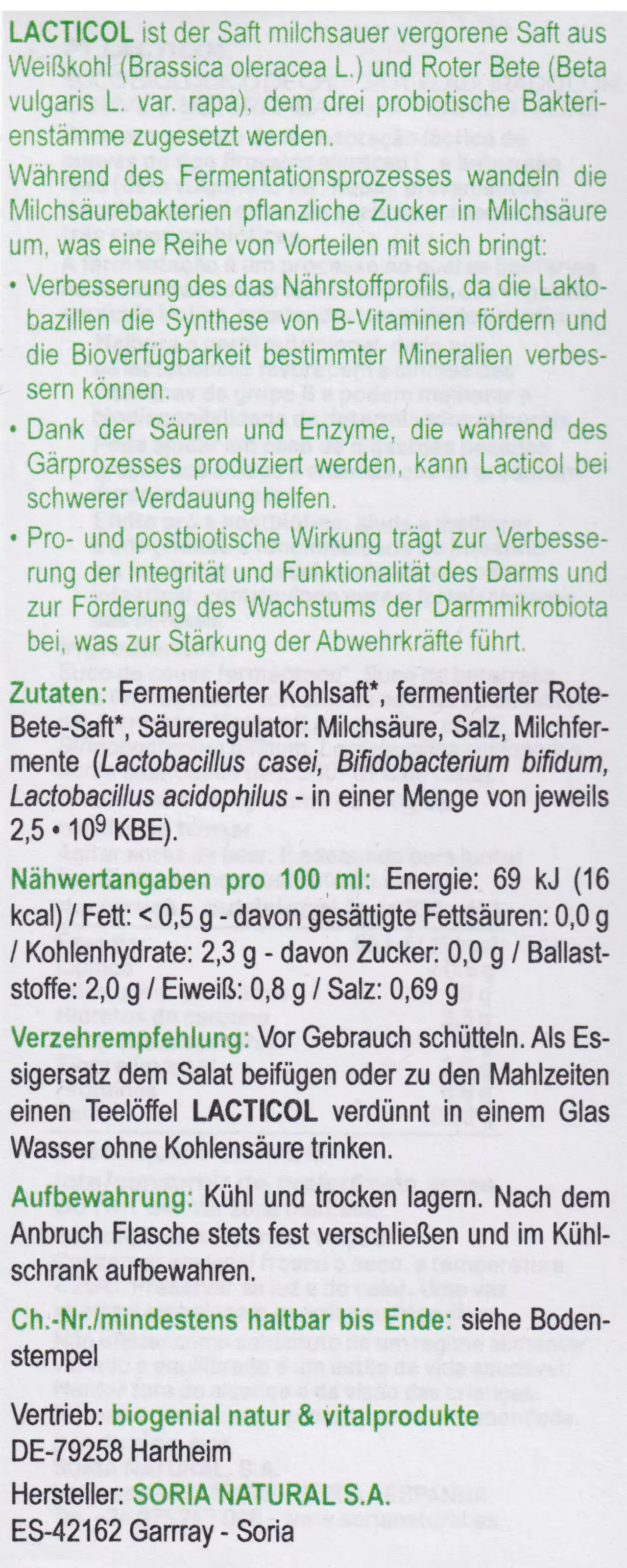 Soria Natural Lacticol, milchsaures Fermentprodukt aus Weißkraut und Rote Beete, 200 ml  EAN: 8422947060251