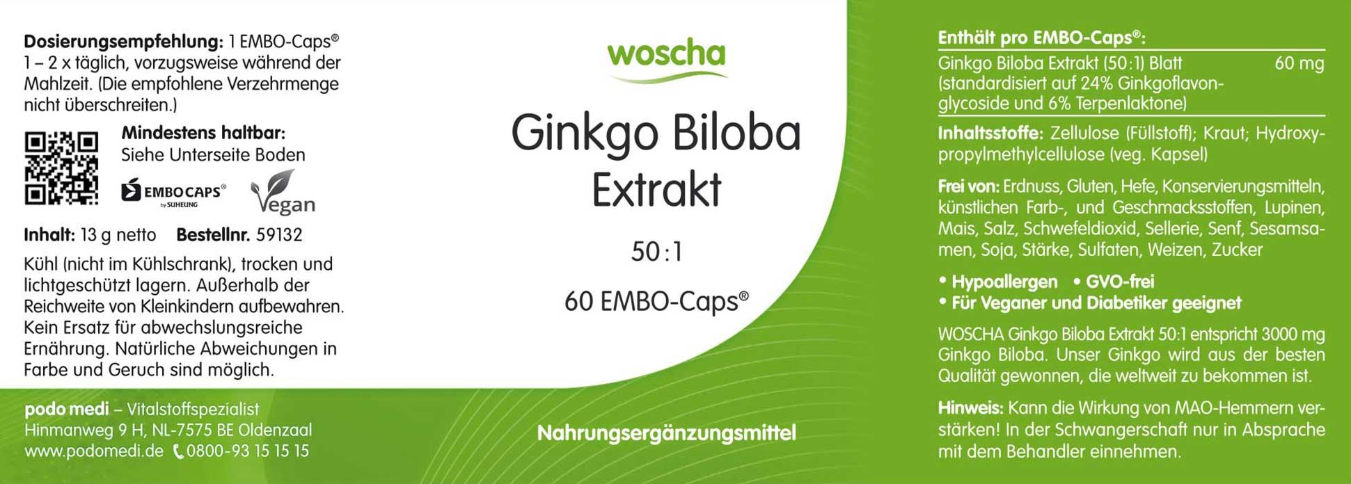 WoschaGinkgo Biloba Extrakt podo medi 60 Kapseln Etikett WoschaGinkgo Biloba Extrakt von podo medi beinhaltet 60 Kapseln Etikett