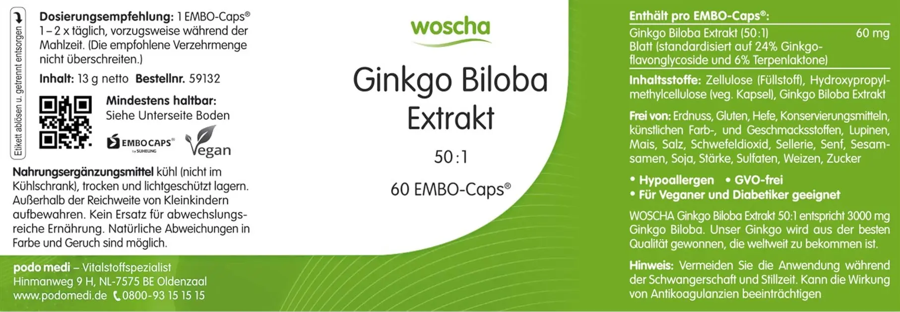 WoschaGinkgo Biloba Extrakt von podo medi beinhaltet 60 Kapseln Etikett