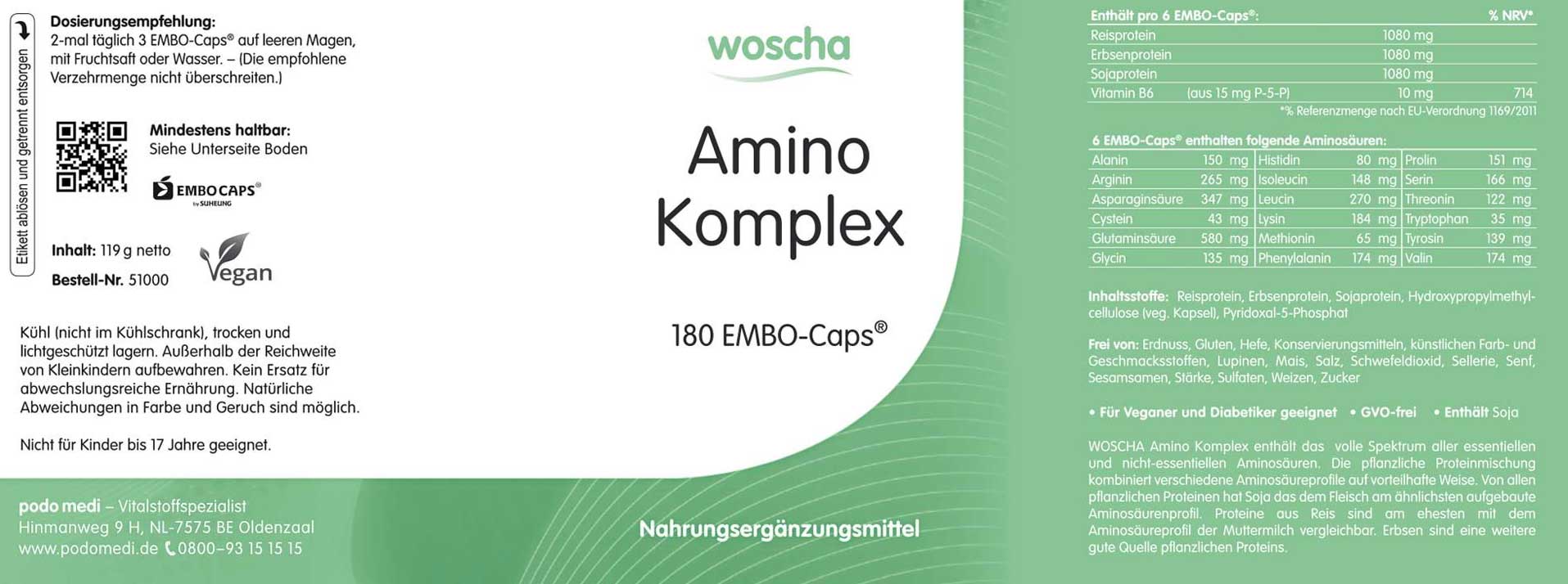 Woscha Amino Komplex von podo medi beinhaltet 180 Kapseln Etikett