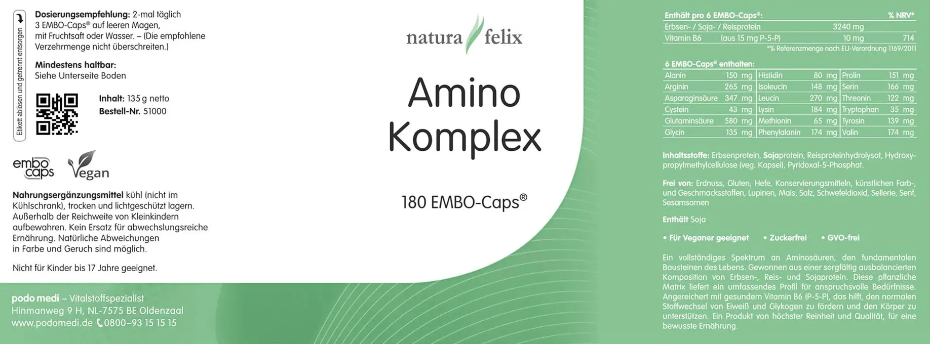natura-felix Amino Komplex von podo medi beinhaltet 180 Kapseln Etikett