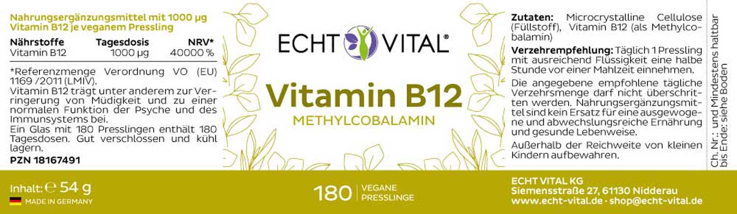 Etikett Vitamin B12 von Echt Vital beinhaltet 180 vegane Presslinge