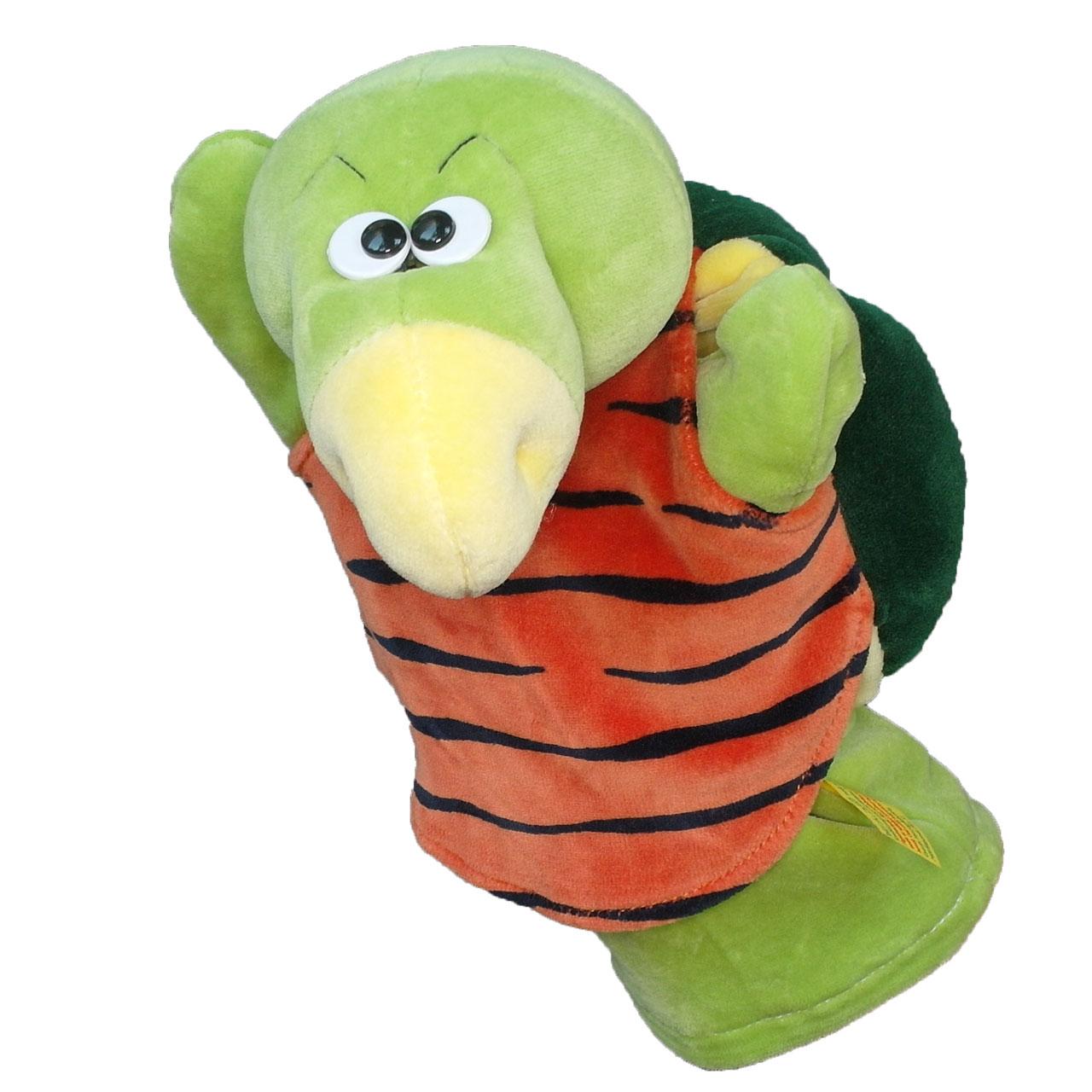 Marioneta de mano tortuga verde con barriga de tigre