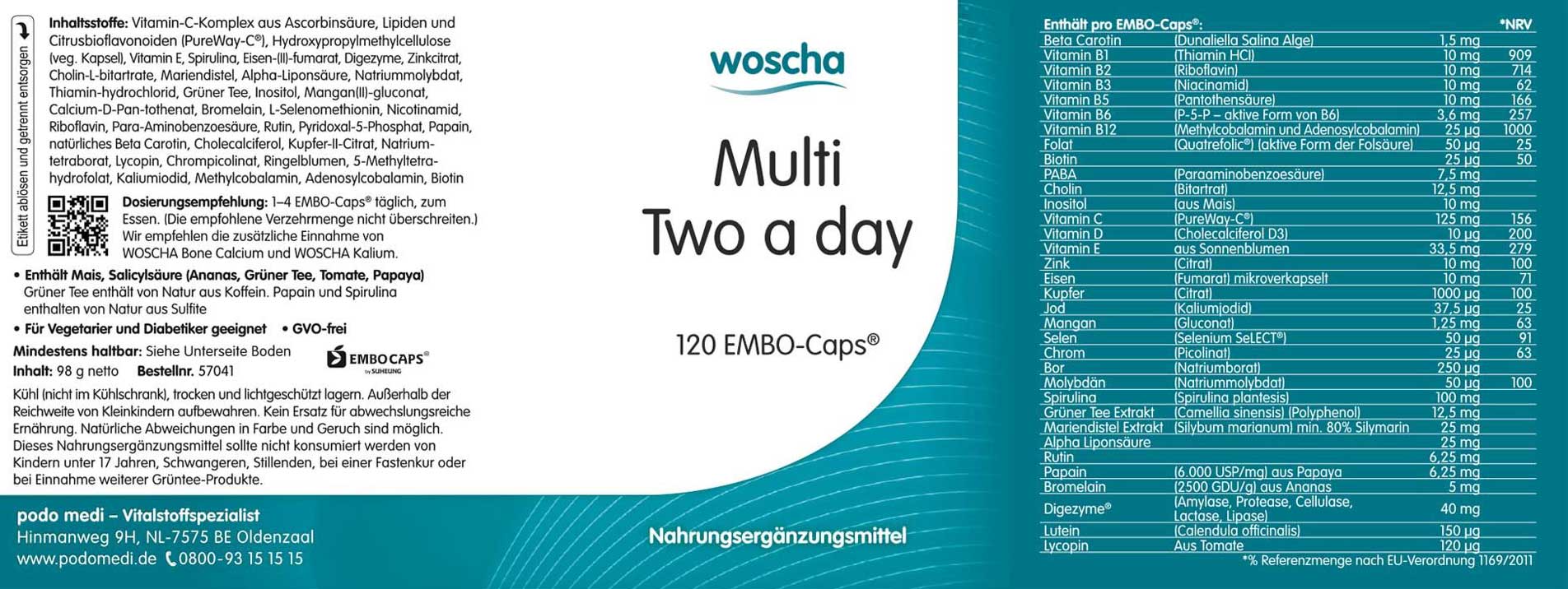 Woscha Multi Two a day von podo medi beinhaltet 120 Kapseln Etikett