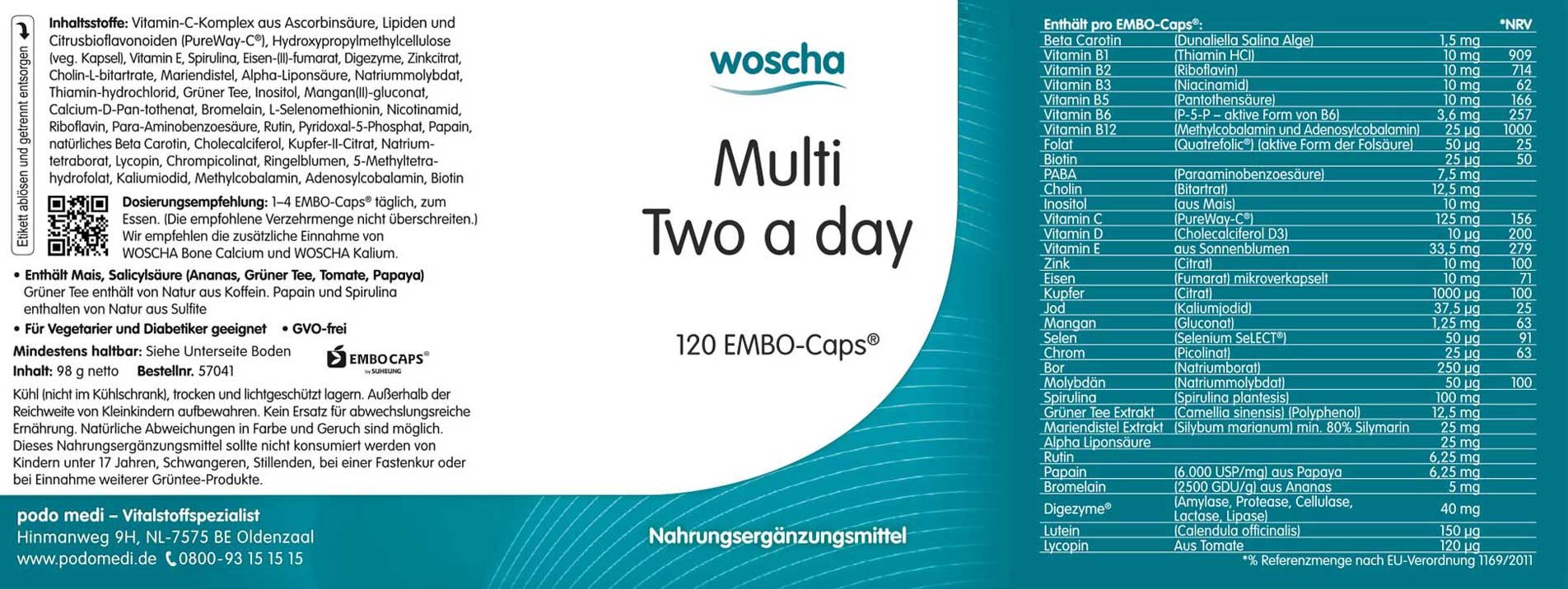 Woscha Multi Two a day podo medi 120 Kapseln Etikett Woscha Multi Two a day von podo medi beinhaltet 120 Kapseln Etikett