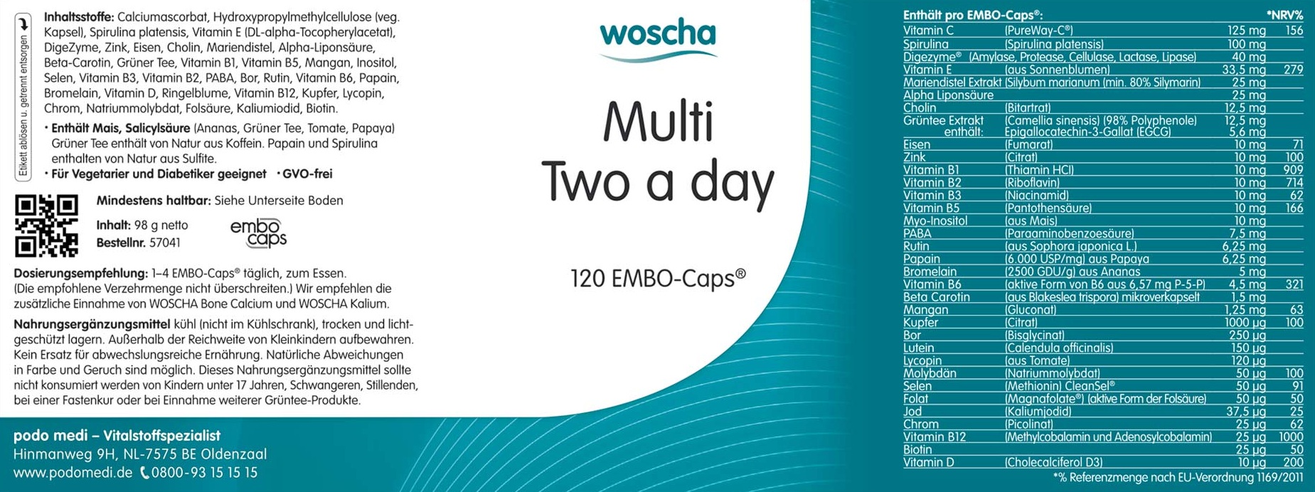 Woscha Multi Two a day von podo medi beinhaltet 120 Kapseln Etikett