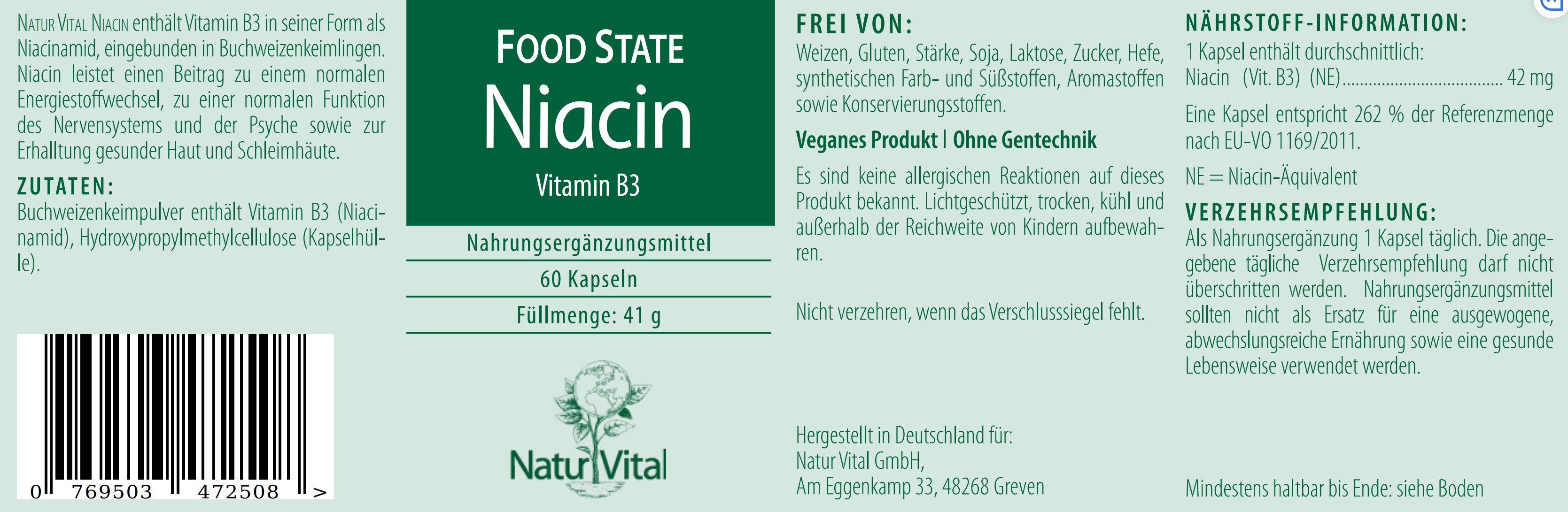 Natur Vital Niacin FOOD STATE, 60 Kapseln  EAN: 4262512990521